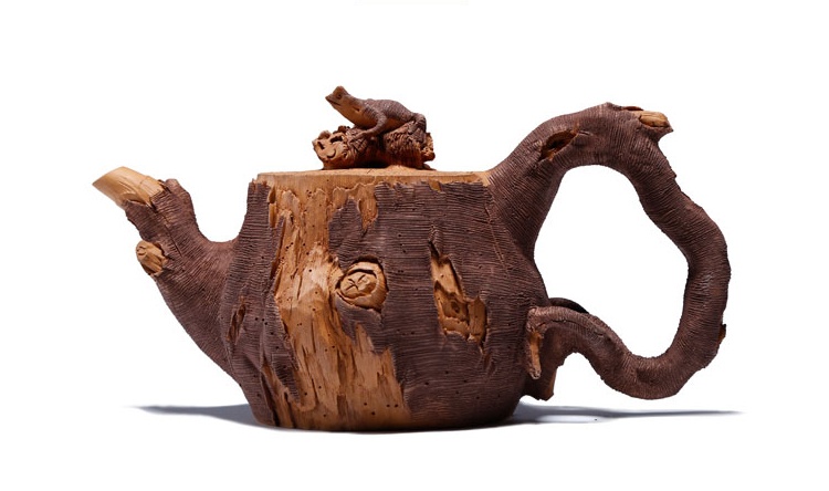 仿木外皮紫砂壺，創(chuàng)意木樁手工雕刻紫砂壺